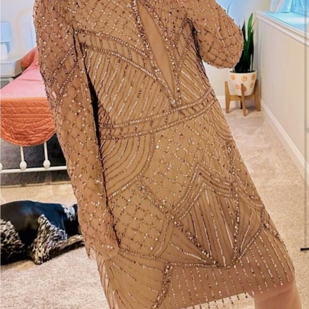Adrianna Papell Tan Pink Beaded Sequin Long Sleeve Mini size 20 new with tags